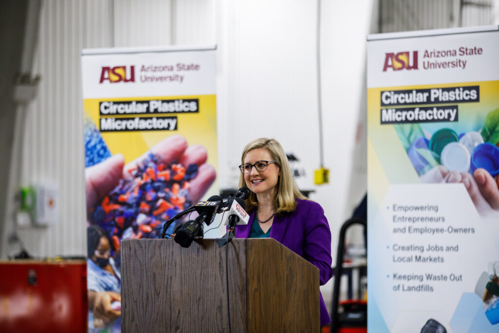 Phoenix Mayor Kate Gallego speaks at the microfactory launch on Feb. 6 at the Goodwill Retail Operations Center in Tempe, Ariz. Credit: ASU Knowledge Enterprise/Andy DeLisle