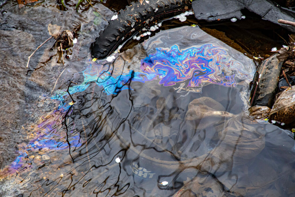 A rainbow sheen can be seen among debris in Village Creek near the site of a recent gasoline spill. Credit: Lee Hedgepeth/Inside Climate News