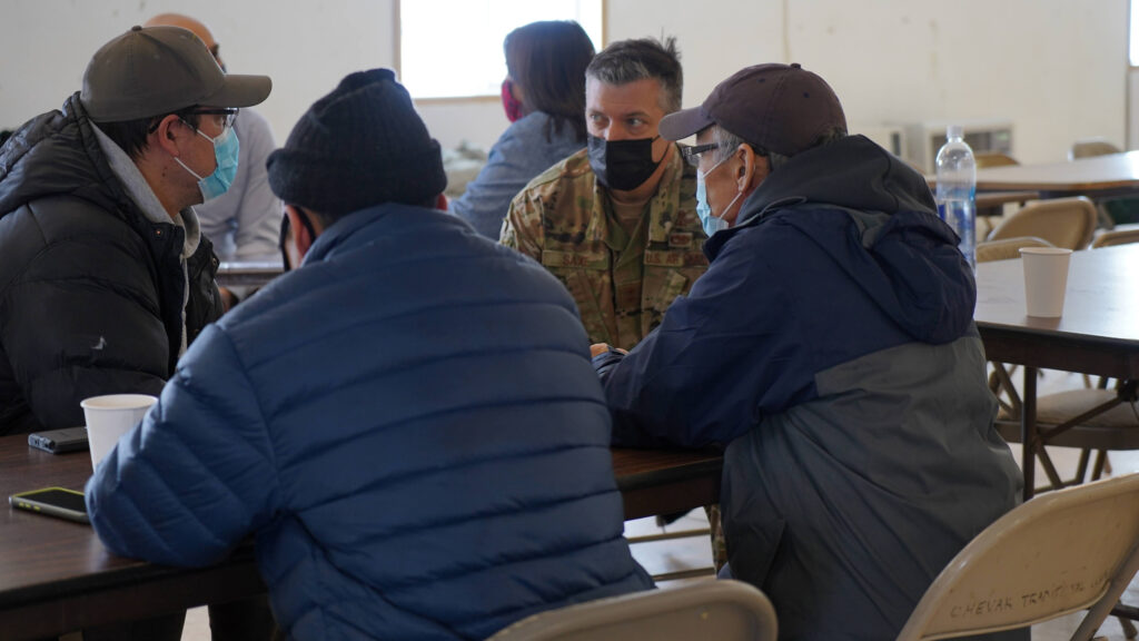 Members of the Alaska Department of Military and Veterans Affairs traveled to Western Alaska in early April 2021 to meet with Tribal leaders and citizens in Bethel, Tuluksak and Chevak to discuss disaster assistance measures and processes in light of recent emergencies that occurred in the region. Credit: Dana Rosso/U.S. Army National Guard