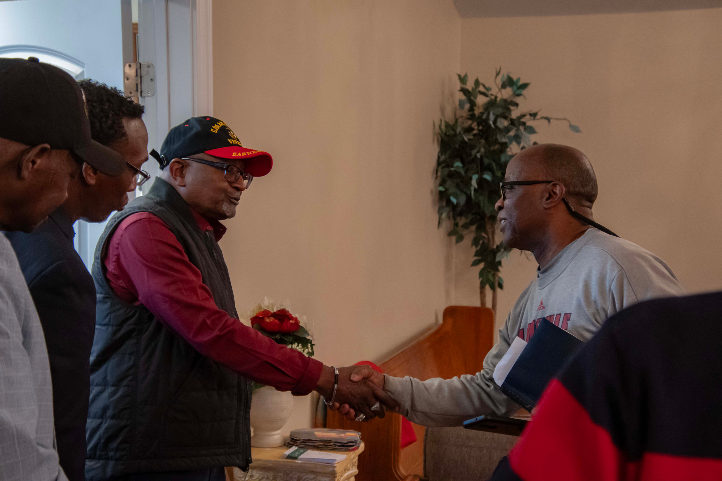 Dr. Robert Bullard, Pastor Timothy Williams, and Willie Horstead meet with Athens residents. Photo credit: Lee Hedgepeth/Inside Climate News