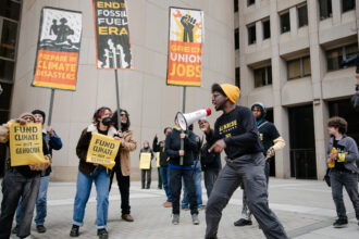 After they were removed from the building, Sunrise Movement members continued to demonstrate outside President Joe Biden’s campaign headquarters in Wilmington, Del. on Feb. 12. Credit: Adah Crandall