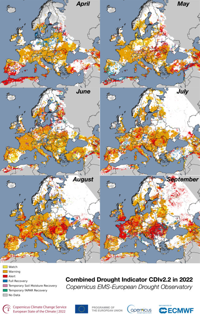 The Combined Drought Indicator—used to identify areas affected by agricultural drought, and areas with the potential to be affected—estimated for the first 10 days of each month from April to September 2022. Credit: European Commission, Joint Research Centre