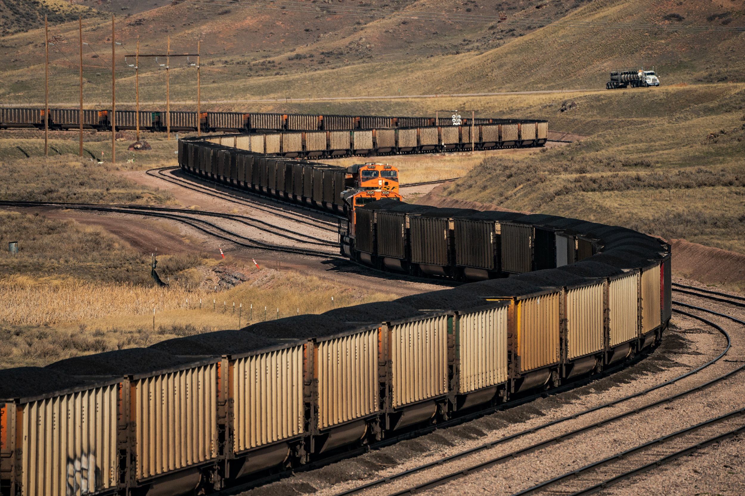 Trains filled with coal are seen near Gillette, Wyo. on Nov. 12, 2021. Credit: Salwan Georges/The Washington Post via Getty Images