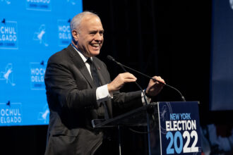 New York State Comptroller Thomas DiNapoli, manager of the state’s Common Retirement Fund, speaks after successful re-election in New York City on Nov. 9, 2022. Credit: Lev Radin/Anadolu Agency via Getty Images