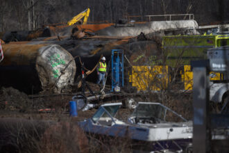 The site of the train derailment in East Palestine, Ohio on Feb. 14, 2023. Credit: Rebecca Kiger/The Washington Post via Getty Images