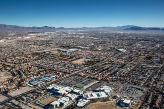 The sprawl of North Las Vegas is viewed from the air on Jan. 11, 2022. Credit: George Rose/Getty Images