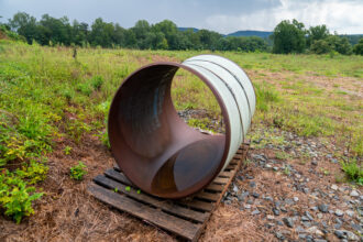 A piece of the Mountain Valley Pipeline sits in Rocky Mount, Virginia on Aug. 30, 2022. Credit: Robert Nickelsberg/Getty Images