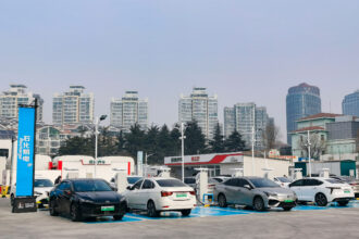 An electric vehicle charging station in Qingdao, Shandong Province, China. Credit: Costfoto/NurPhoto via Getty Images