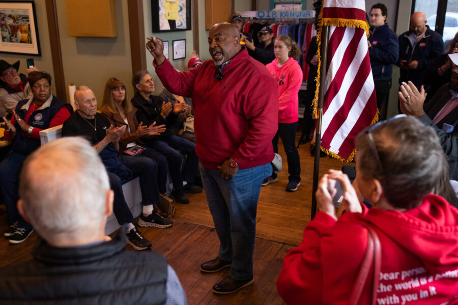 Mark Robinson addresses supporters during a campaign event at Pelican's Perch Bar & Grill on Feb. 17 in Ocean Isle Beach, N.C. Credit: Madeline Gray/The Washington Post via Getty Images