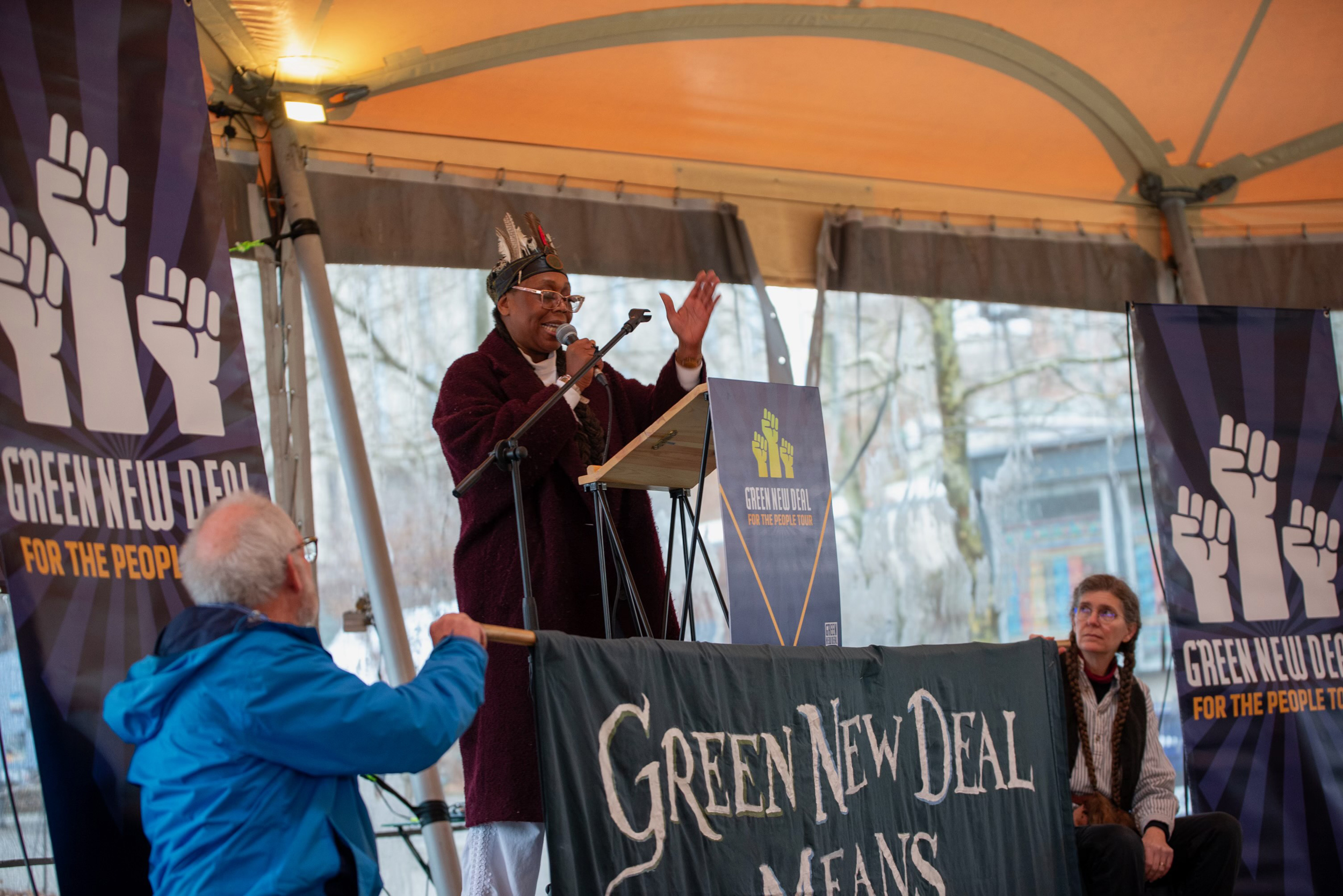 "Everyone on our land has the right to clean soil, air, and water," said Chief Pomaj-chakmam-yajalaji to the crowd. Credit: Elevate Inc/Green New Deal Network