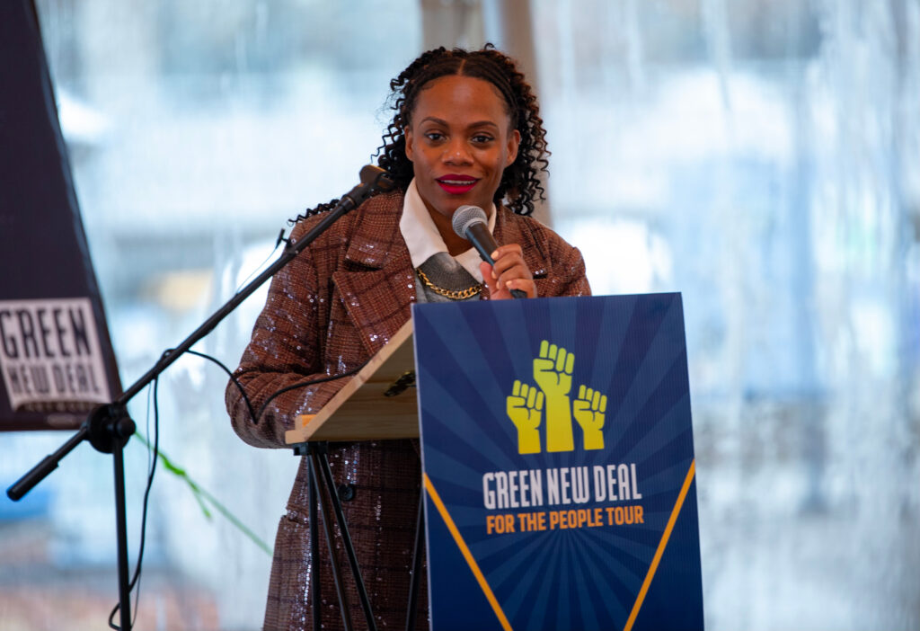 Congresswoman Summer Lee spoke about green union jobs in Pittsburgh, to cheers from the crowd. Credit: Elevate Inc/Green New Deal Network