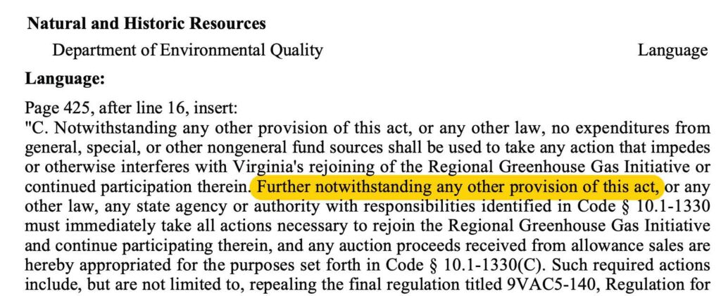A portion of the RGGI amendment in the final compromise budget— the relevant change highlighted.