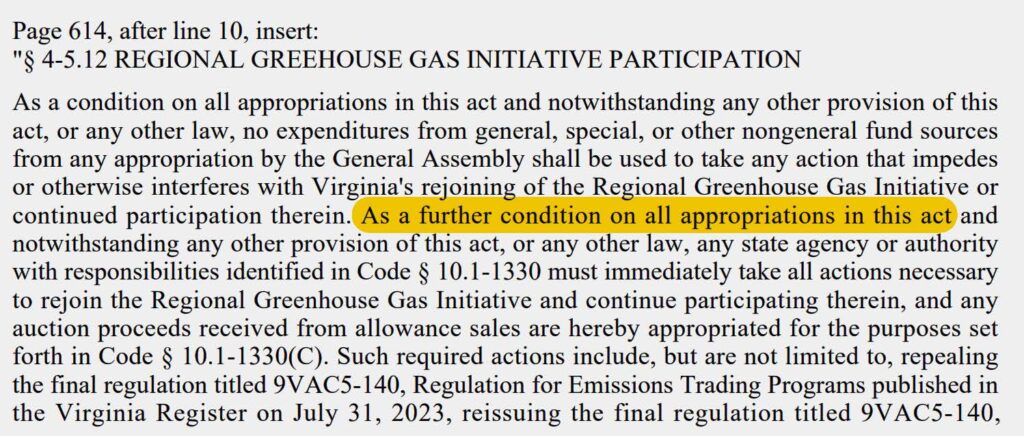 A portion of the RGGI amendment in Virginia's House budget.
