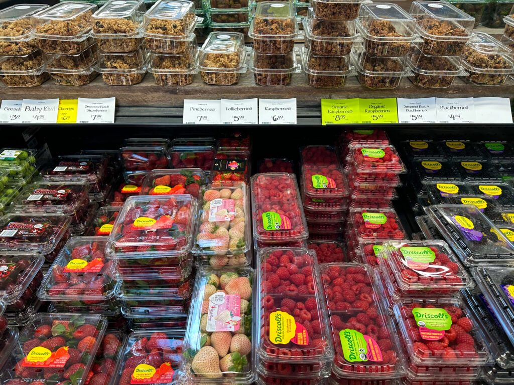 Fruit and granola are among many kinds of food packaged in plastic in U.S. grocery stores, such as this market in Louisville, Ky. Credit: James Bruggers/Inside Climate News