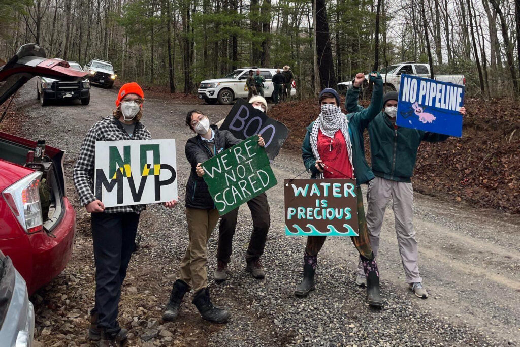 Activists gather at a construction site for the Mountain Valley Pipeline. Credit: Appalachians Against Pipelines