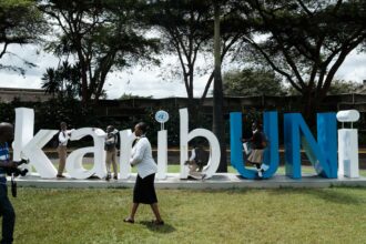 A sculpture with "karibuni," the word "welcome" in Swahili, at United Nations Office in Nairobi, Kenya, in 2018. Credit: Yasuyoshi Chiba/AFP via Getty Images.