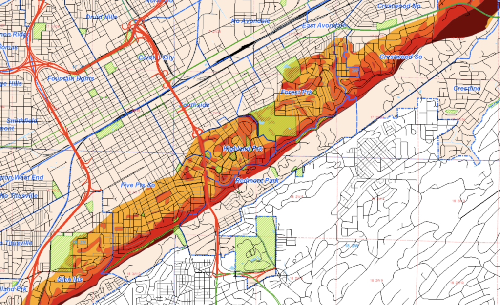 Birmingham's landslide risk map shows levels of low, medium, and high susceptibility to landslides. Source: City of Birmingham GeoGIS